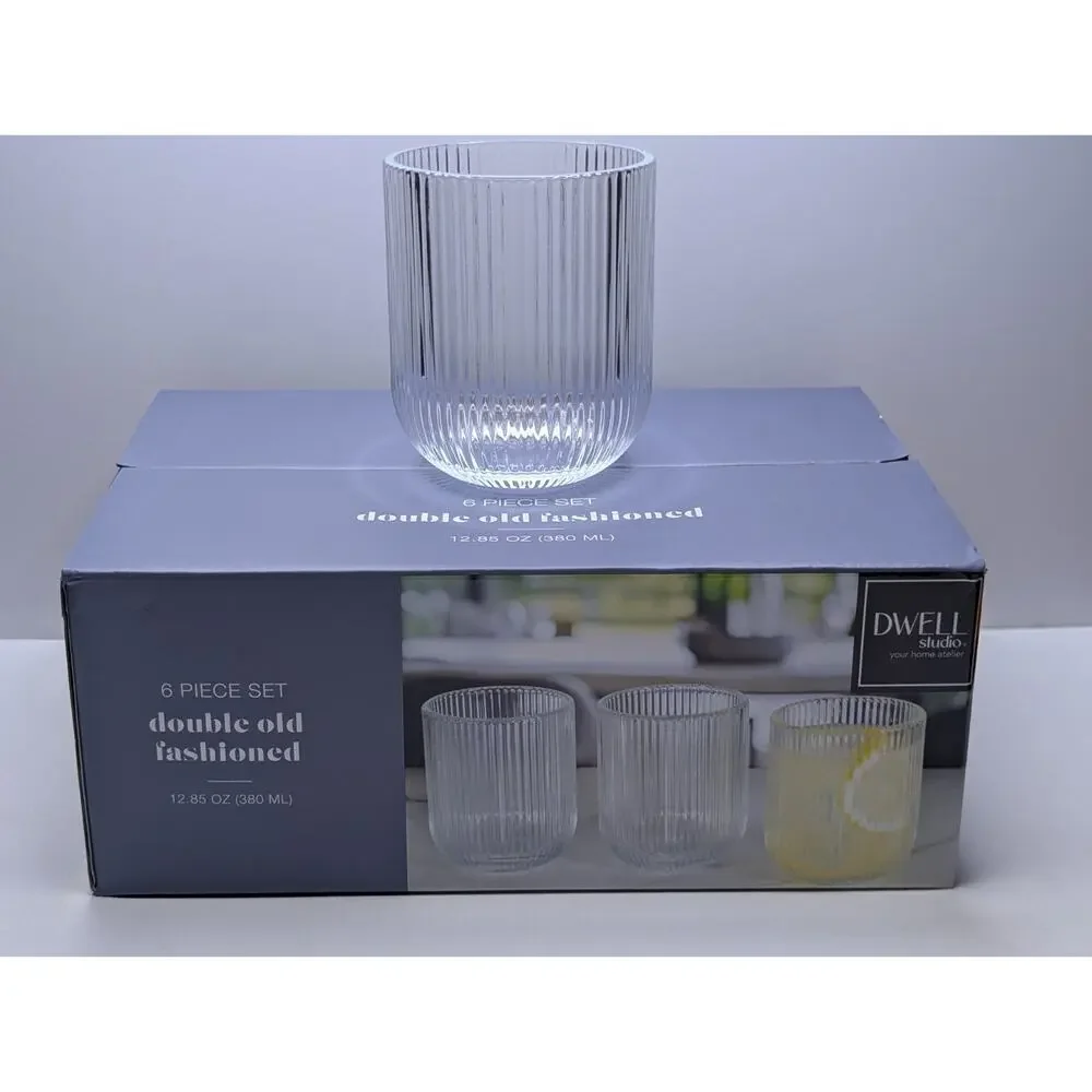 Dwell Studio 6 Pc Ribbed Double Old Fashioned Glass Set 12.85 Oz NIB